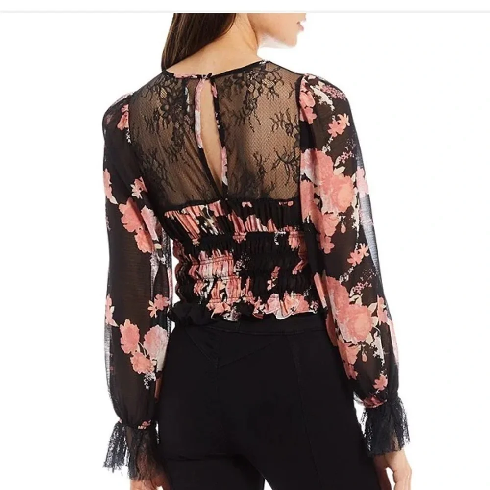 Free People Daphne Black Pink Lace Bell Sleeve Smocked Crop Whimsigoth NEW